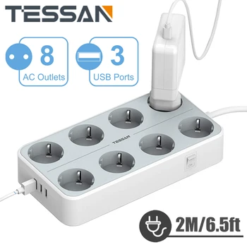 TESSAN 홈 오피스용 EU 멀티 플러그 소켓 전원 스트립, 스위치 4/6/8 콘센트, 3 USB 포트, 2M 연장 케이블