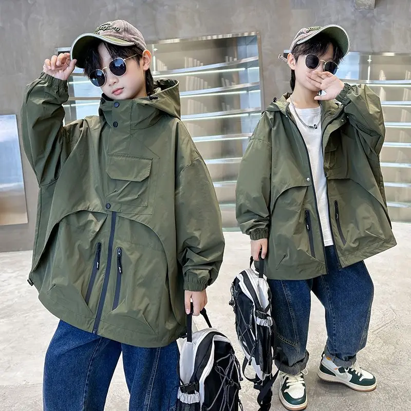 Spring Autumn Solid Korean Fashion New Full Sleeves Zipper Hooded Loose Cargo Coats Handsome Jackets Trench Outerwear