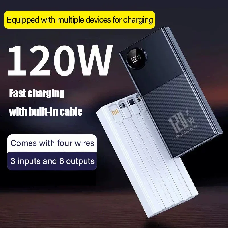 미니소 초고속 보조배터리, 대용량 50000mAh, 다양한 휴대폰에 적합한 4 개의 전선 포함, 120W