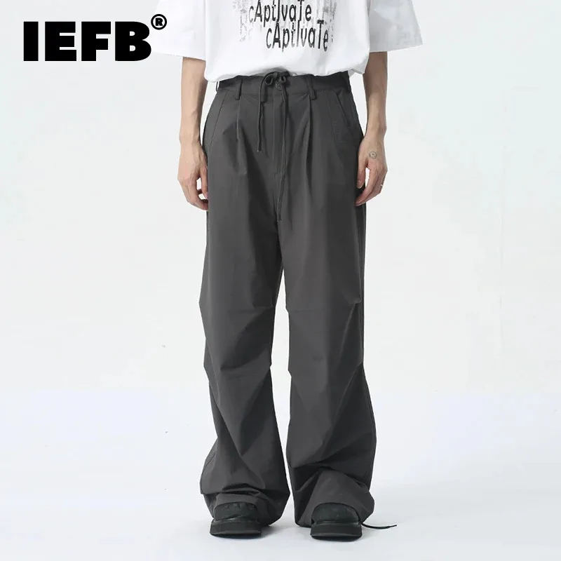 

IEFB New Chic Men's Flare Suit Pants Zipper Lace-up Pocket Solid Color Casual Male Wide Leg Trousers Fold Summer Trend 9C5427