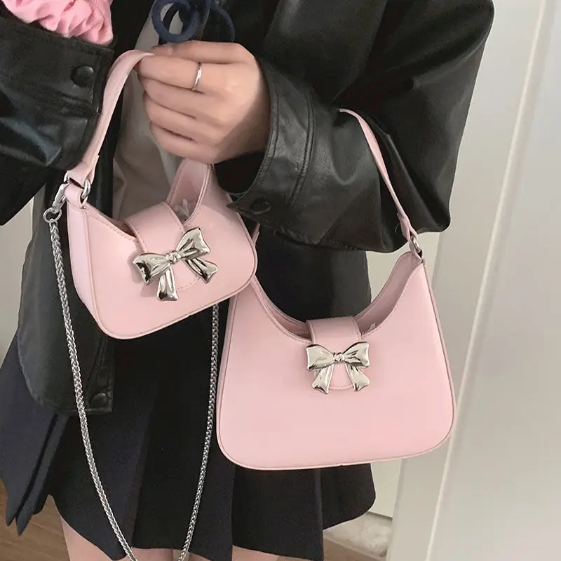 

Sweet Pink Bow Handbag for Women Korean 2024 New High End Solid Color Versatile Fashion Chain Girls Shoulder Bag Crossbody Bag