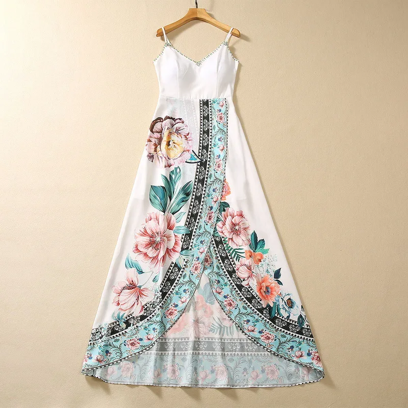 

European and American women's dress 2023 summer new style suspenders Sleeveless V-neck beading Flower printing split dress