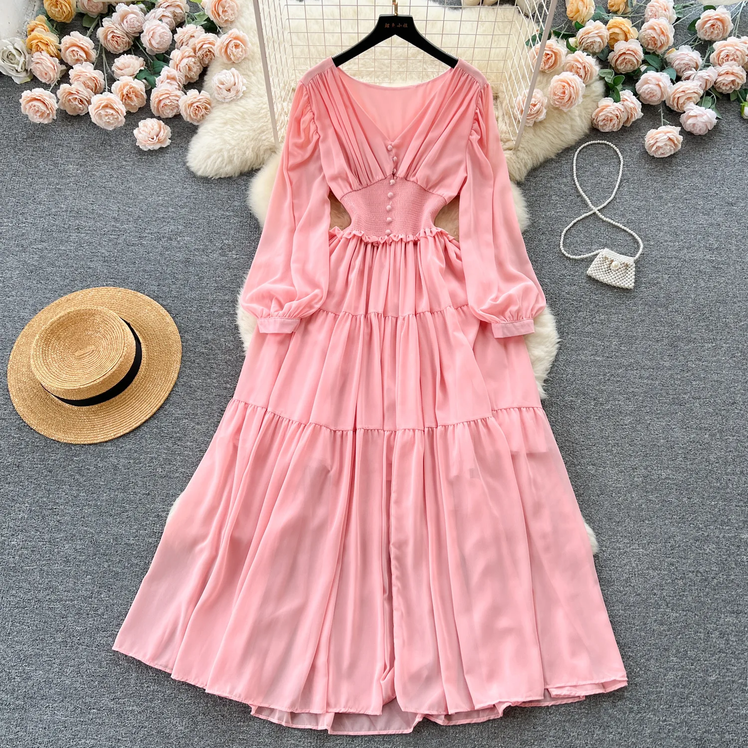 Vintage Chiffon Long Dress Women Elegant V-neck Long Sleeved Casual Dresses French Pleated Slim A-line Long Robe Vestidos
