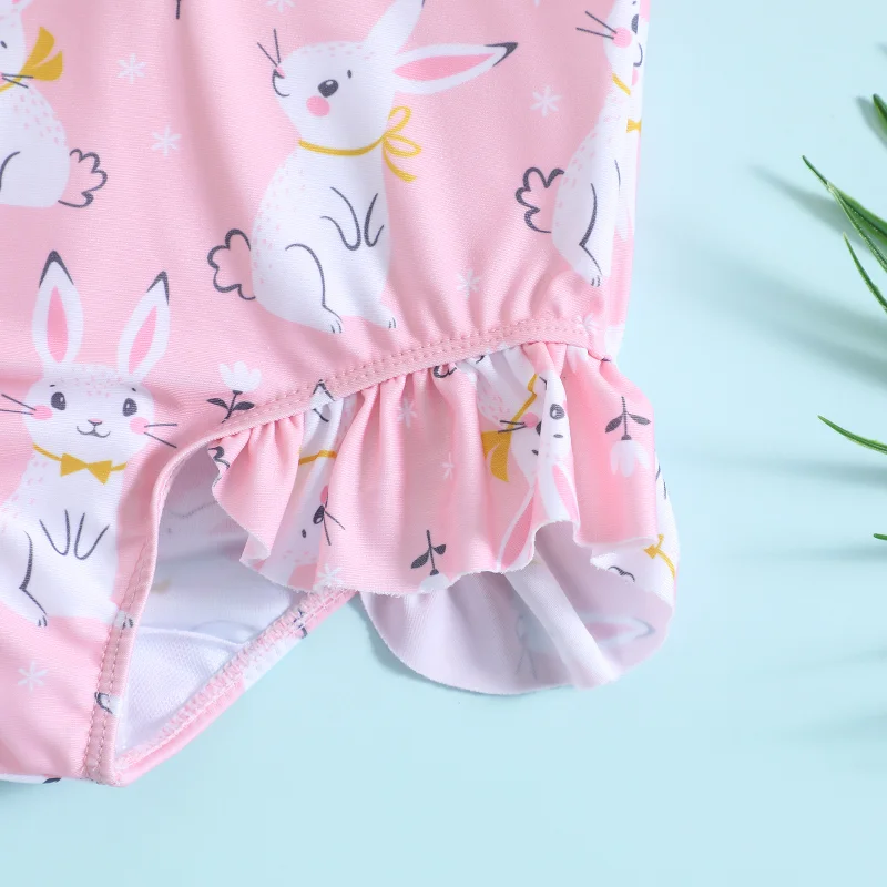 Girls Swimsuit Summer Toddler Girls Long Sleeve Ruffles Cartoon Rabbit Prints One-Piece Swimwear Kids Swimwear