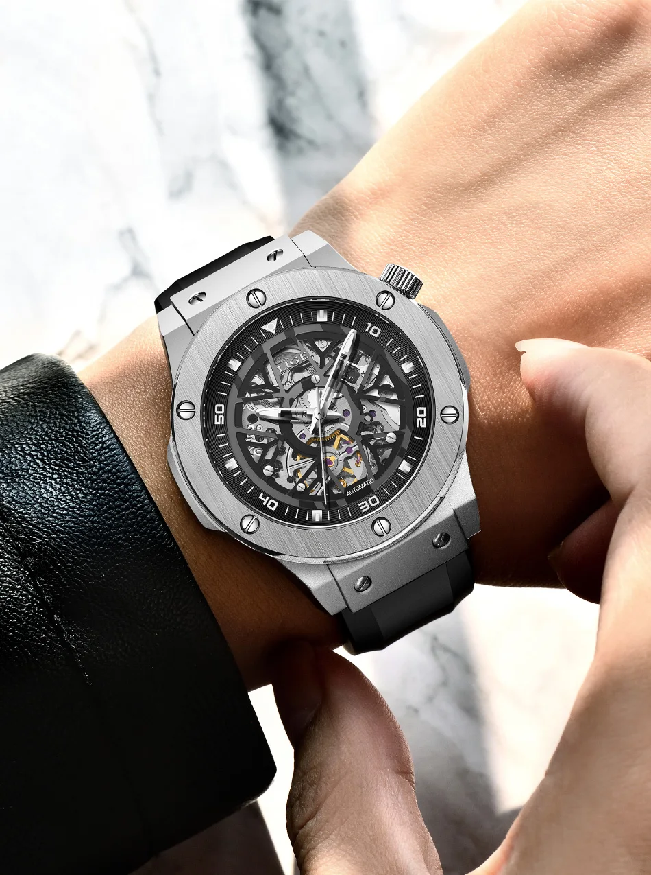 Hollow Out Design Automatic Watch For Men Luxury Stainless Steel Rubber Strap Mechanical Watch 30M Waterproof Reloj Hombre_voghion.com
