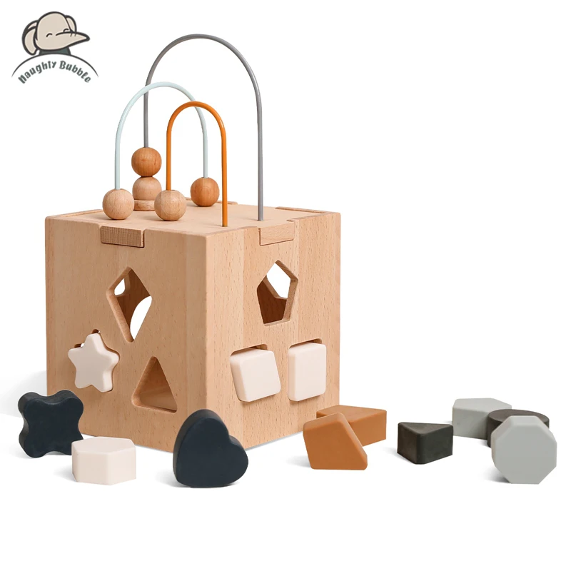 WoodenBoxToySiliconeGeometricShapeBlocksShapeMatchingToysforToddlerBabyMontessori