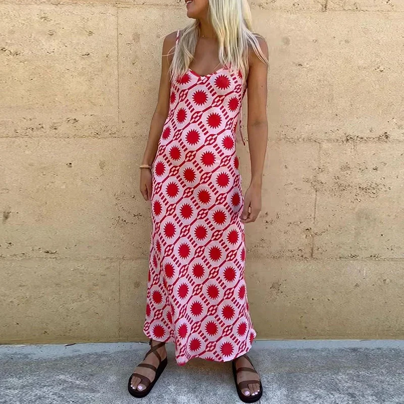 

Women's Casual Holiday Beach Bohemian A-line Dress Summer Sleeveless V-neck Long Dress Fashion Print Spaghetti Strap Party Dress