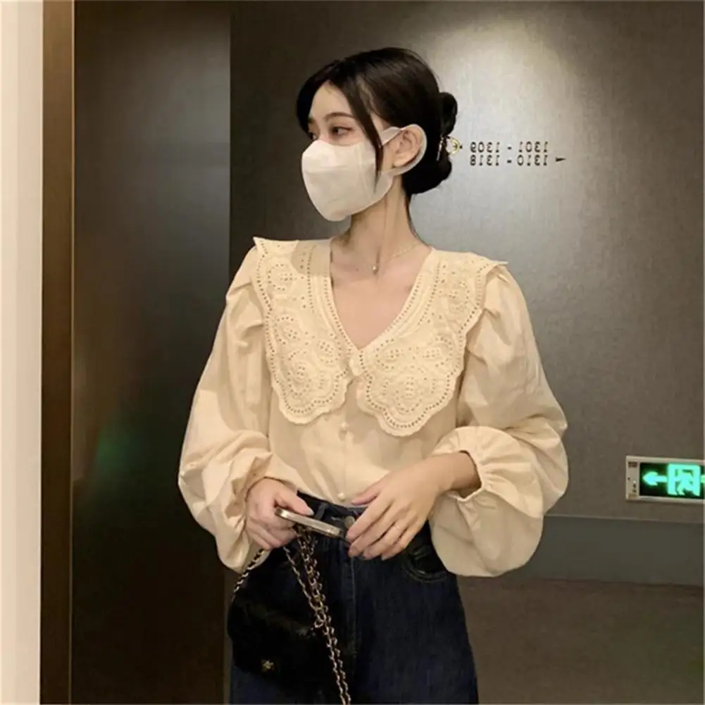 

Women Long-sleeved Top Chic Women's V-neck Lantern Sleeve Blouses Soft Casual Sweet Style for Spring Fall Commutes Lady Blouse