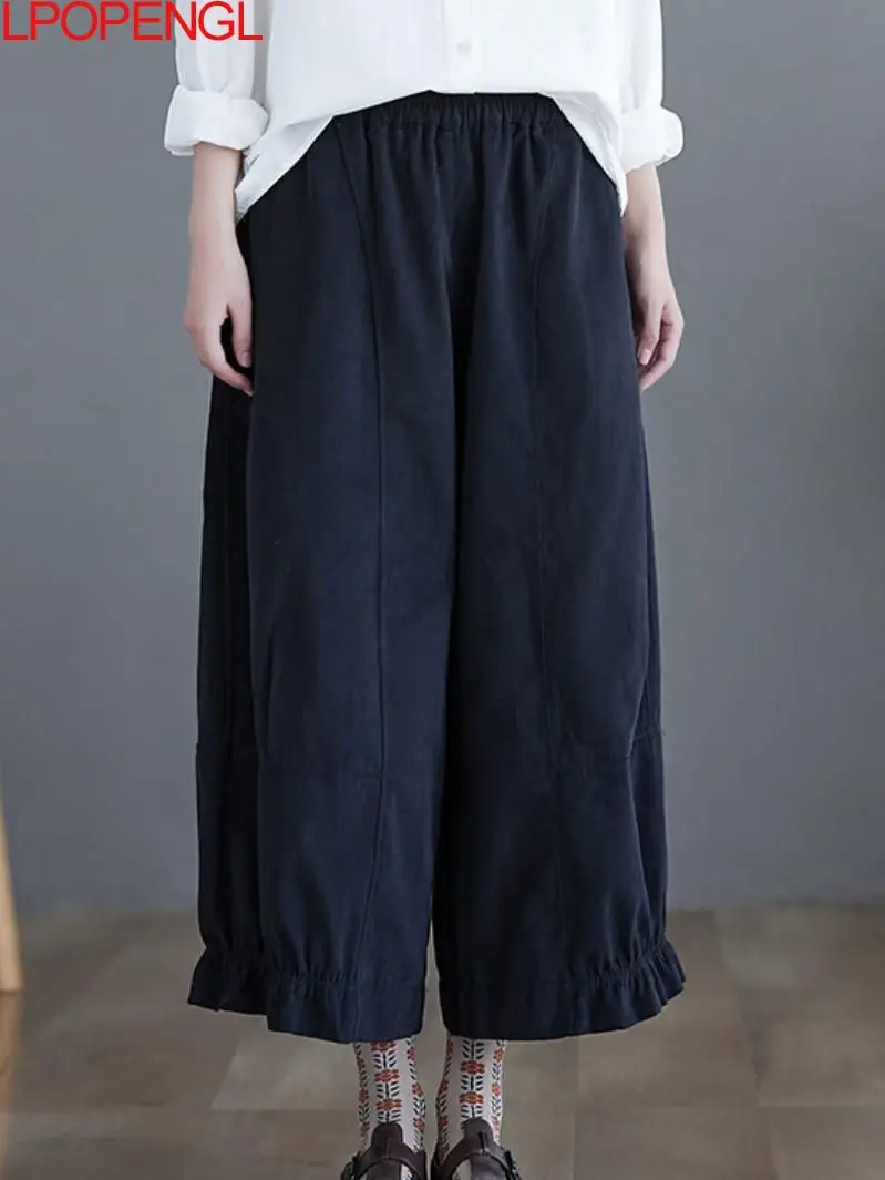 

2022 Vintage Autumn And Winter Solid Color New High Waist Wide Leg Pants Female Oversized Loose Elastic Waist Ankle-length Pants