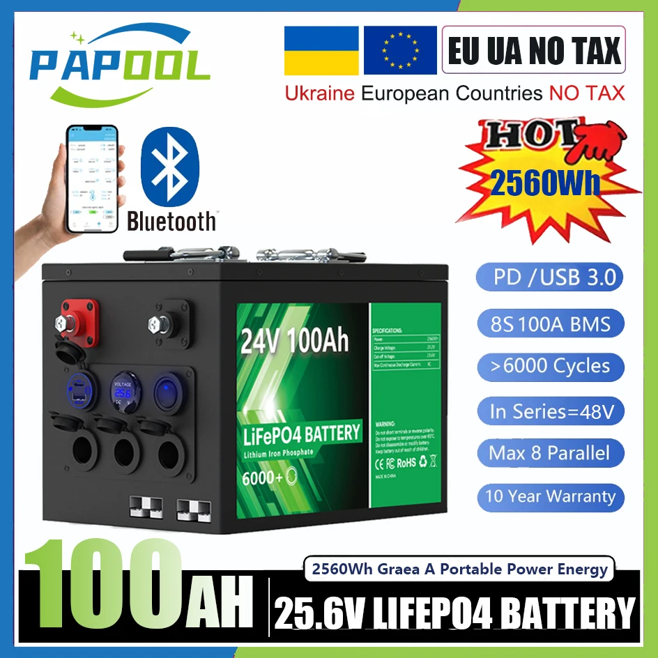 

LiFePO4 Battery 24V 100Ah 2560Wh Bluetooth 6000 Cycle 8S BMS Grade A 12V 100Ah 150Ah 200Ah lithium Pack For RV Boat Solar NO TAX