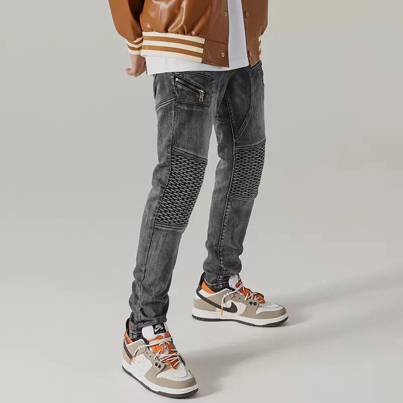 Street Fashion Men Jeans Retro Black Gray Elastic Wrinkle Patch Designer Slim Biker Jeans Men Punk Trousers Hip Hop Pants Hombre