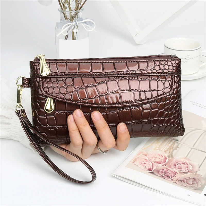 Patent Leather Women's Wallets Fallow Long Ladies Double Zipper Wallet Clutch Bag Design Red Purse Crocodile Purses