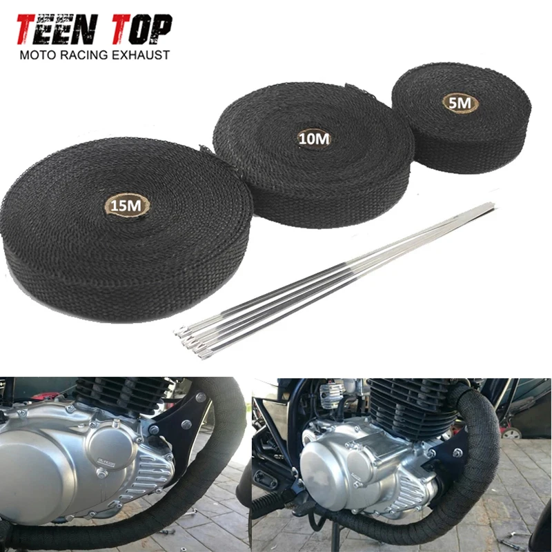 5M 10M 15M Motorcycle Exhaust Thermal Tape Exhaust Heat Wrap Roll for Motorcycle Fiberglass Heat Shield Tape with Stainless Ties - Image 3