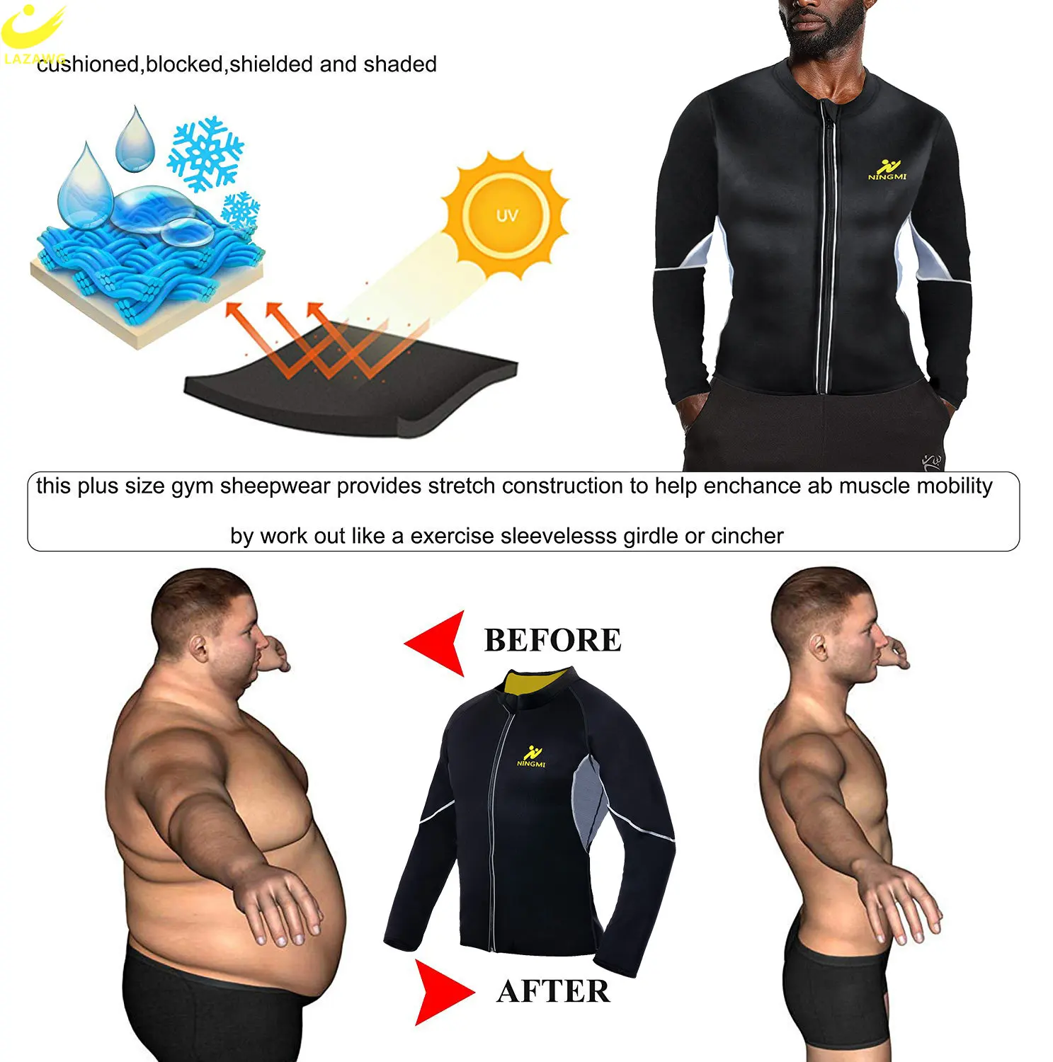 LAZAWG Men Sauna Jacket for Weight Loss Neoprene Sweat Top Slimming Shirt Body Shaper Exercise Sport Workout Fat Burner Gym