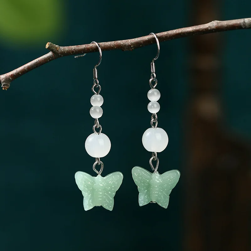 

Elegant Ethnic Charm Hotan Jade Butterfly Earrings for Women Classical Vintage Temperament Chinese National Ear Hoop Jewelry