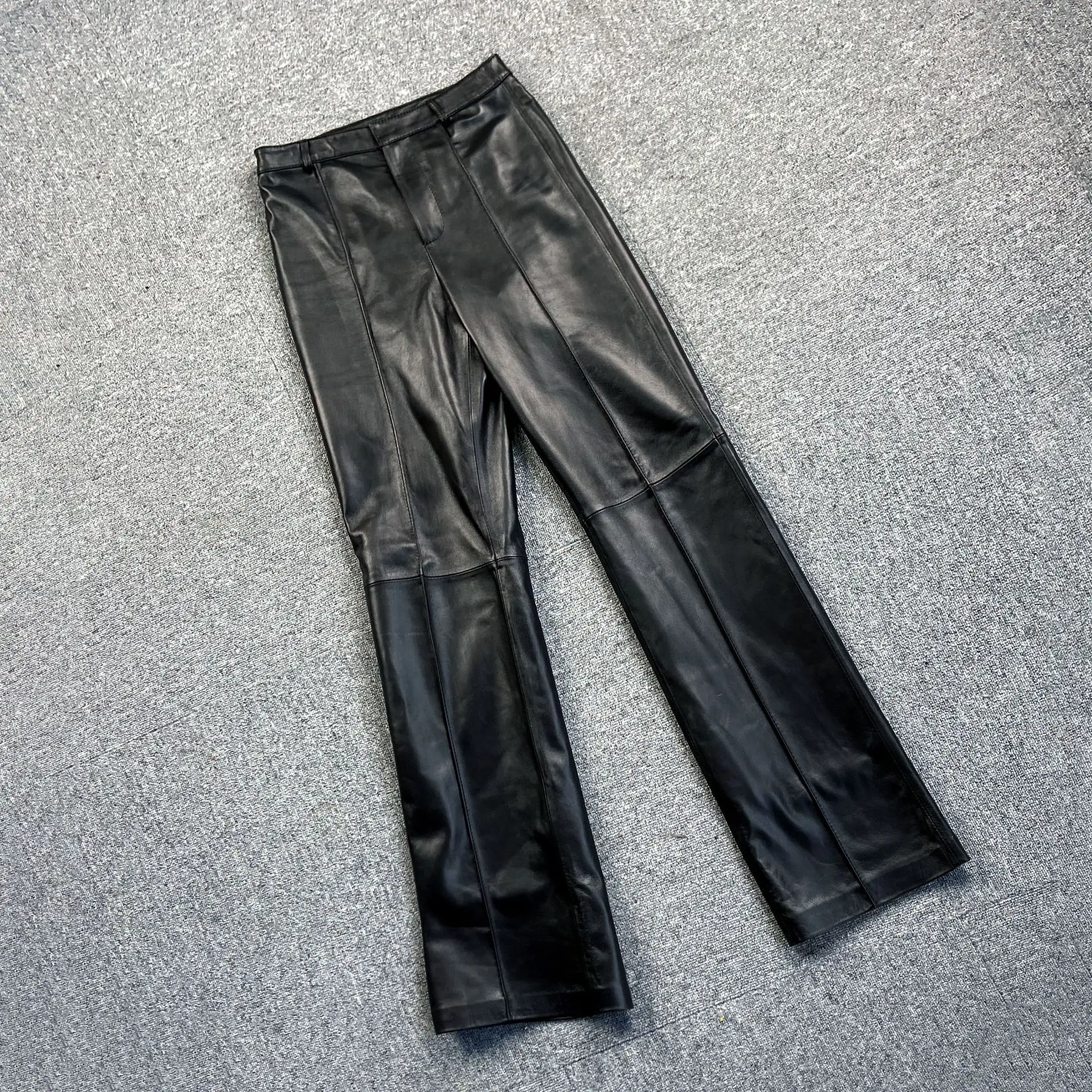 2023 Spring Autumn Chic OL Leather Straight-pant Fashion Women's Sheepskin Genuine-leather Pants C321
