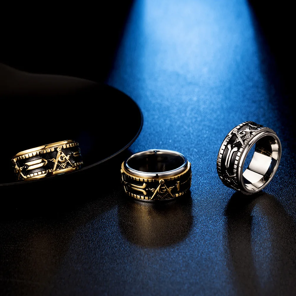 Men's Masonic Spinner Ring – 10mm Stainless Steel, Silver/Gold Plated, Hypoallergenic, Gift Box - View #2