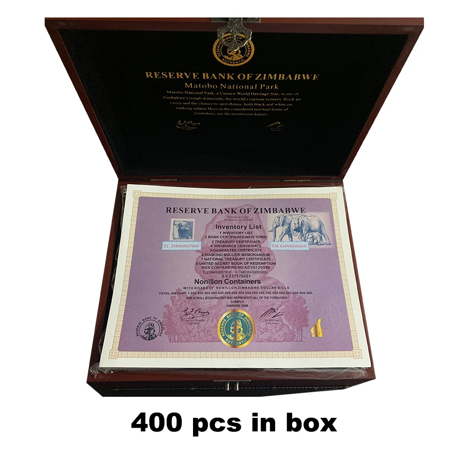 

400 pcs Zimbabwe 54 zeros Nonillon Containers with UV Anti Counterfeiting Mark Zimbabwe Certificates Inventory List In Nice Box