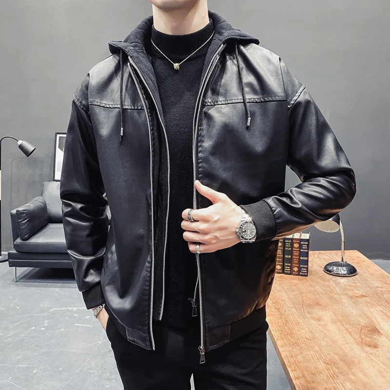 

Autumn and Winter Cotton Hooded Leather Coat Men's Fashion Youth Motorcycle Korean Version Loose Hat Men's Jacket