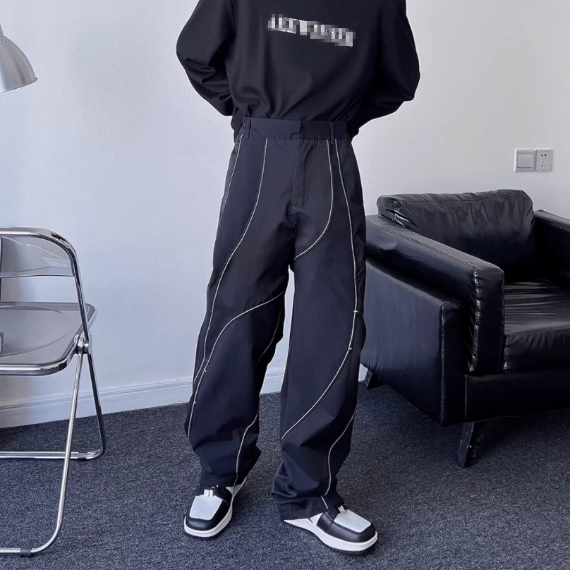 Black design sense functional casual pants 2023 Spring and autumn young men and women popular niche color straight pants  tide