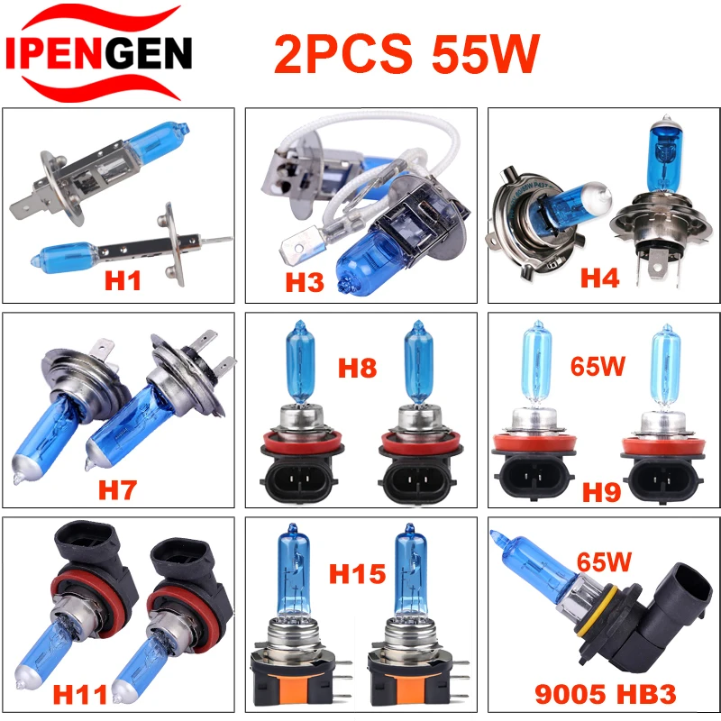 Car Headlights 2pcs Super Bright Car Light H1 H3 H4 H7 H8 H9 H11 H15 9005 HB3 Auto halogen lamp bulb Fog Lights 55W 12V 6000K White