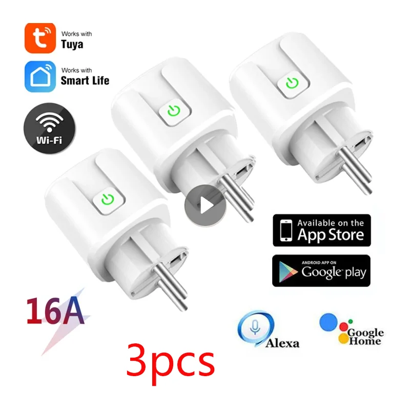 

3pcs Tuya WiFi EU Smart Plug 16A 220V Adapter Wireless Remote Voice Control Power Monitor Timer Socket For Google Home Alexa