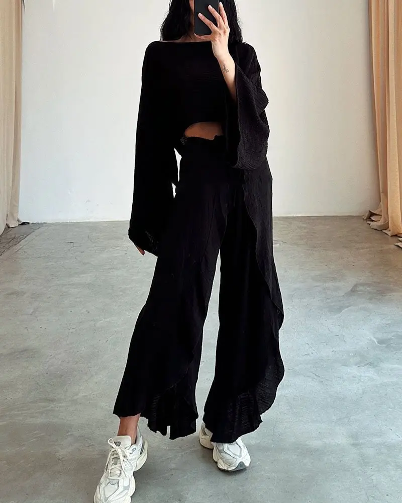 Flare Sleeve Loose Crop Top + Slit Wide Leg Pant Set 2pc Casual Solid Elastic Wasist Trouser Tees Vacation Beach Women Outfits