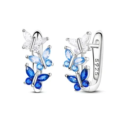 Elegant 925 Sterling Silver Blue Zircon Butterfly Hoop Earrings (KTE439)