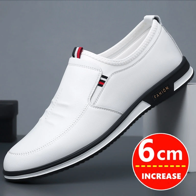 Men Hollow Breathable Cow Leather Casual Elevator Shoes Soft Comfortable Flat/6cm Hidden Heels Height Increase Sneakes Tall Shoe 3