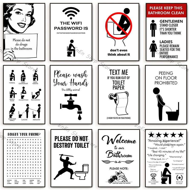 Funny-Bathroom-Rules-Sign-Nordic-Black-White-Canvas-Paintings-Humour ...