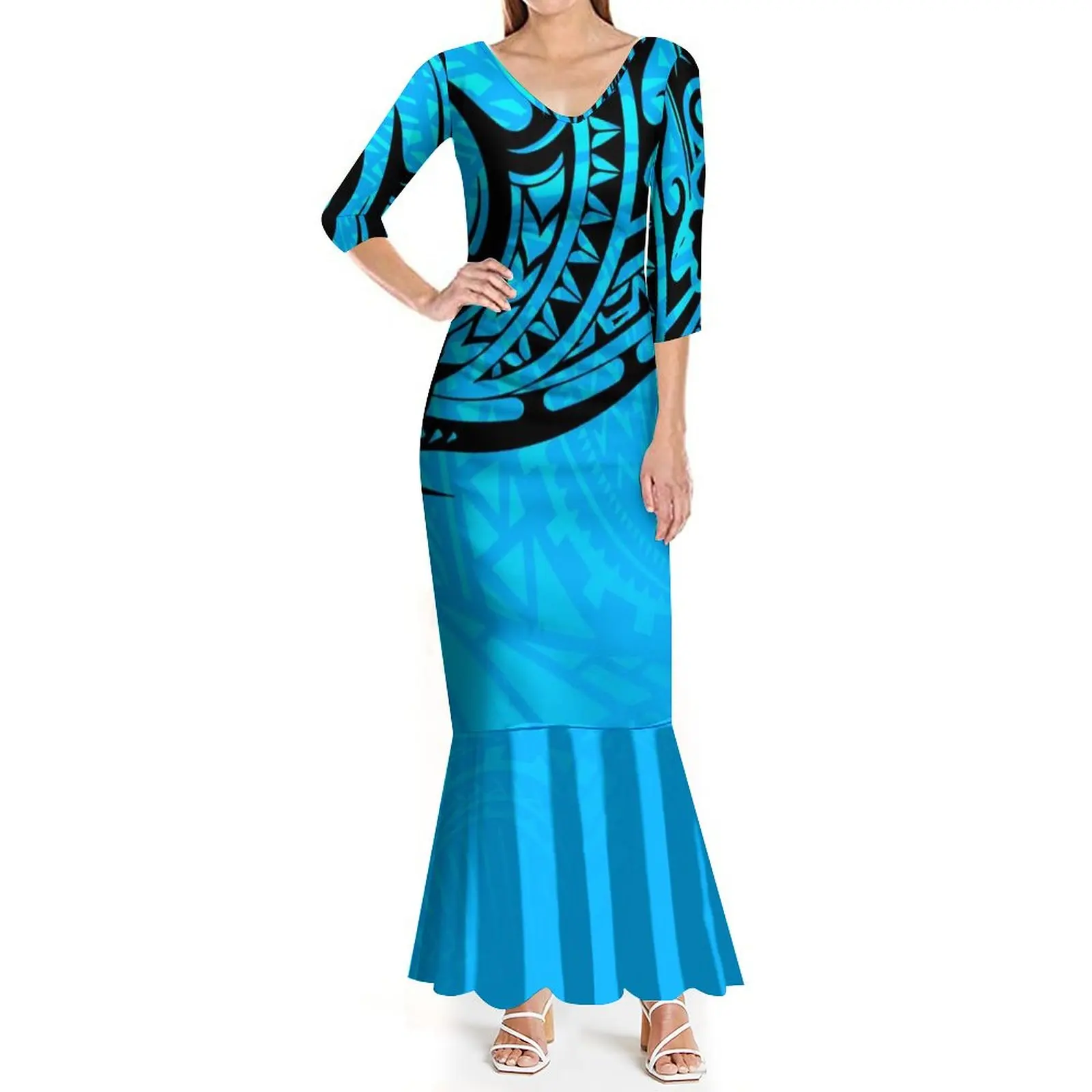 

Summer Women's Dress Custom Polynesian Print Tribal Ethnic Style Dress V-Neck Mid-Sleeve Long Skirt Lotus Skirt