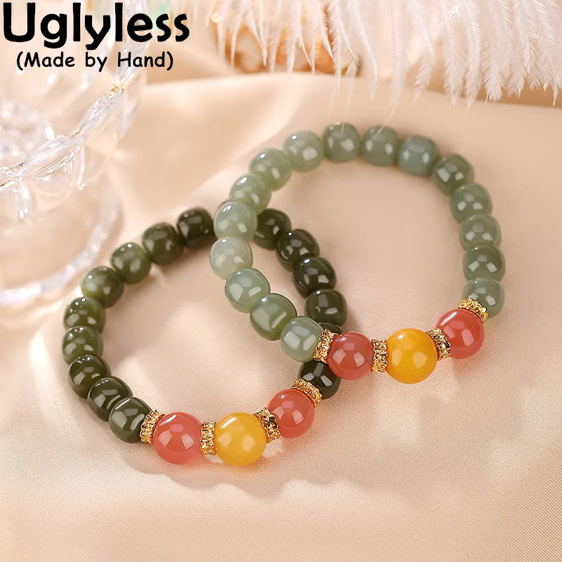 

Uglyless Simple Fashion Gemstones Beading Bracelets for Women Hotan Natural Jade Agate Amber Bracelets Real 925 Sterling Silver