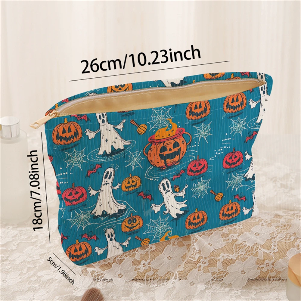1 pumpkin and ghost patterned corduroy makeup bag, lightweight zipper makeup storage box, multifunctional bag with lining