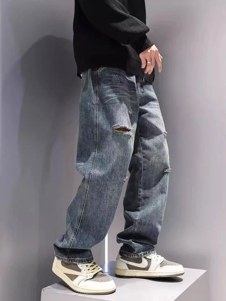 Men's Ripped Jeans Baggy Straight Vintage Denim Pants Hip Hop Trousers