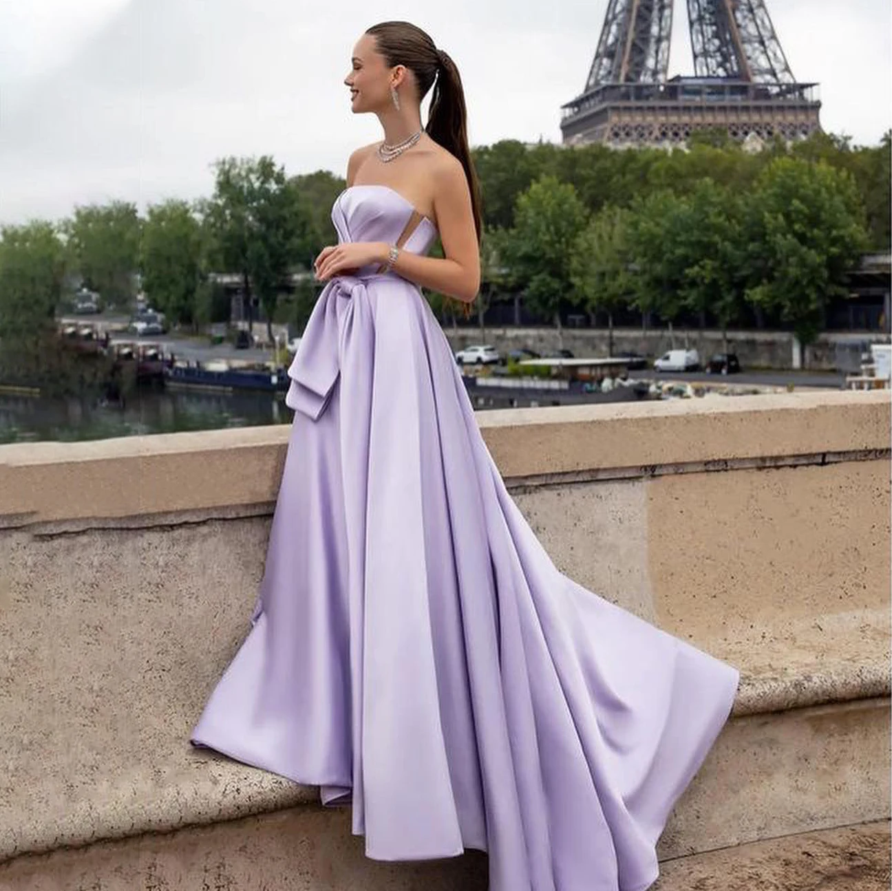 

GIOIO Strapless Luxury Formal Evening Dresses Pleat Bow Sleeveless فساتين سهرة Floor Length Elegant Prom Gowns Party Women