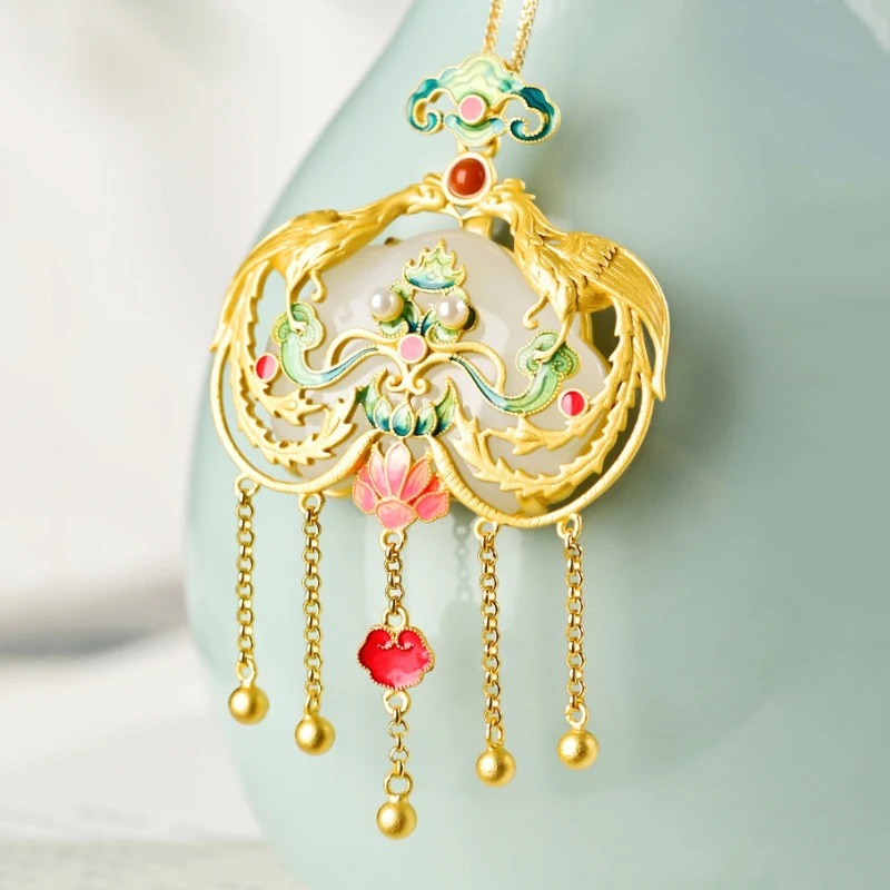 Natural Hetian Jade Palace Style Enamel Porcelain Phoenix Pendant