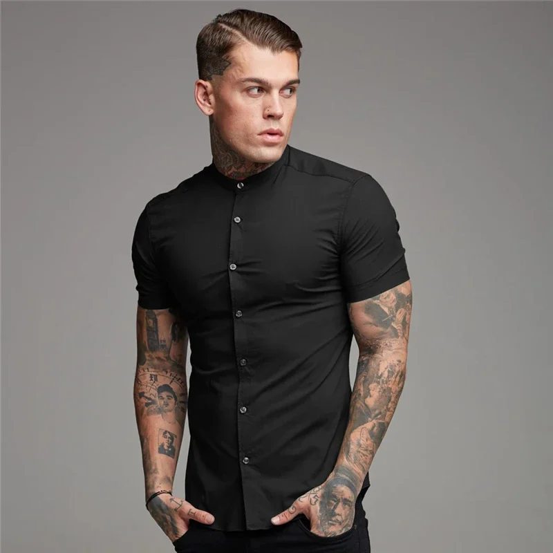 New Arrivals Summer Man Short Sleeve Shirt Solid Fitness Mens Stand Collar Super Slim Fit Business Dress Shirt Button Gym Tops 3