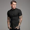 New Arrivals Summer Man Short Sleeve Shirt Solid Fitness Mens Stand Collar Super Slim Fit Business Dress Shirt Button Gym Tops 3