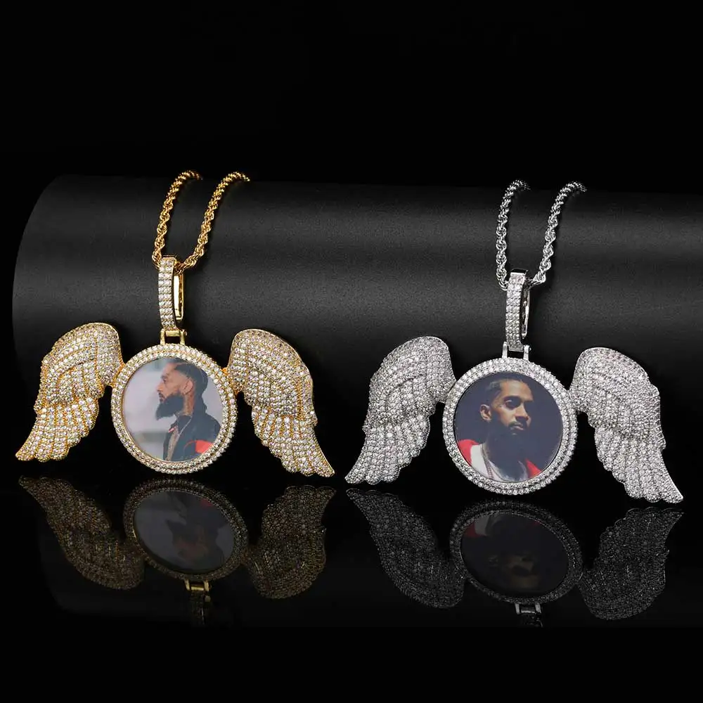 Hip Hop Memorial Custom Photo Necklace For Men Personalized With Angel Wings Pendants Trays Picture