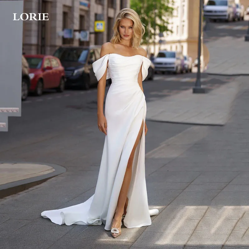 

LORIE Off The Shoulder Mermaid Wedding Dress Pleats Bride Dresses Side Split Ivory Satin Wedding Party Dress 2024