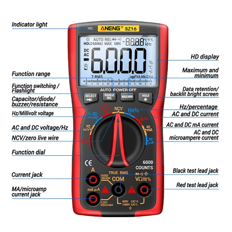 

Multimeter wth NCV Function 6000 Counts Digital Multimeter with for DC Voltmeter & Ohm Amp Tester On-off Beep