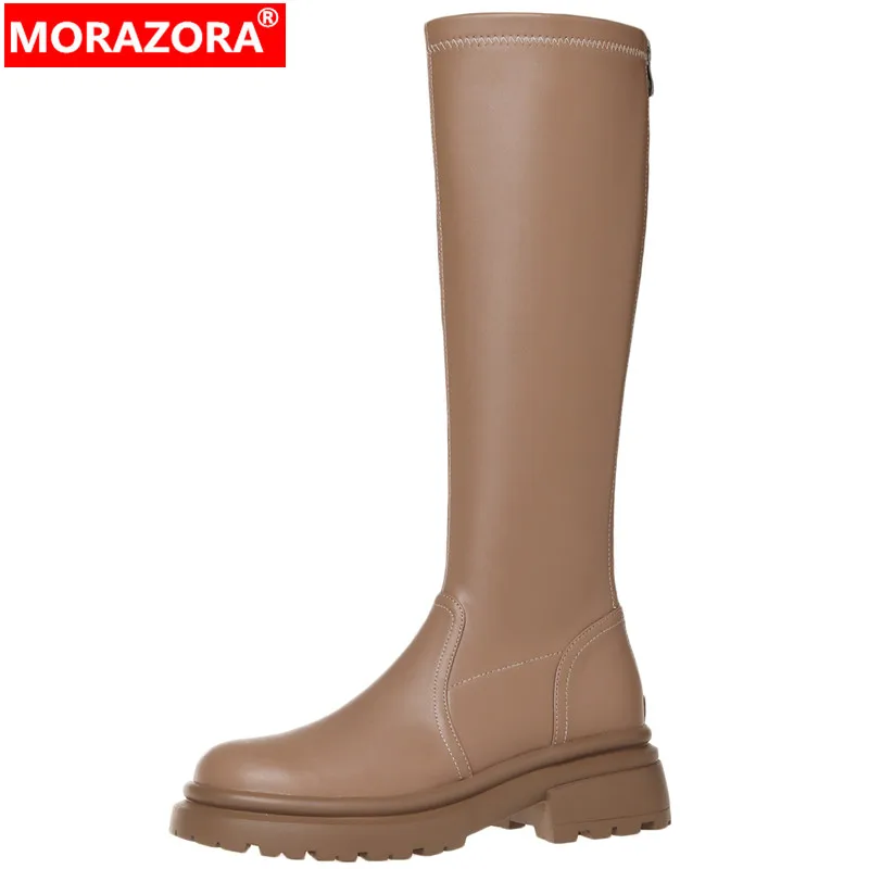 

MORAZORA 2022 New Arrive Thick Med Heels Popular Shoes Genuine Leather Modern Boots Woman Zipper Winter Knee High Boots