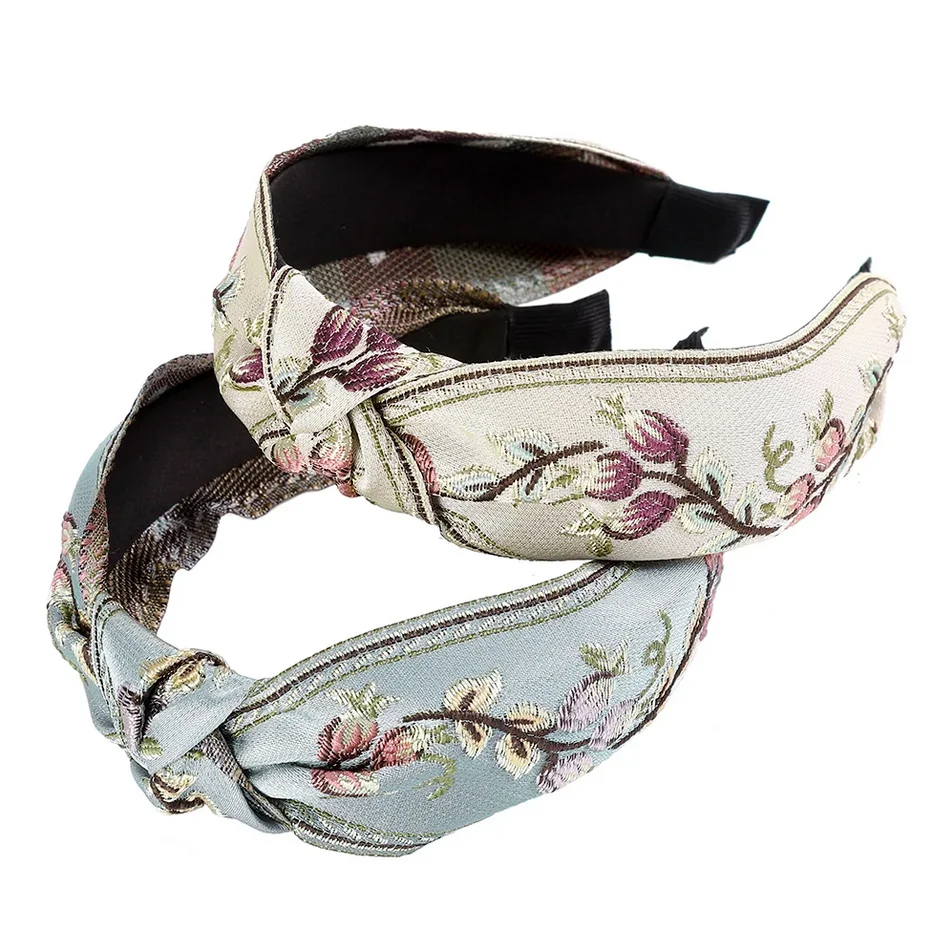 Neue Retro geknotete Stirnband für Frauen Haarschmuck Mädchen Blumen stickerei Haar bänder Haar reifen Band Kopf bedeckung Lünette Großhandel