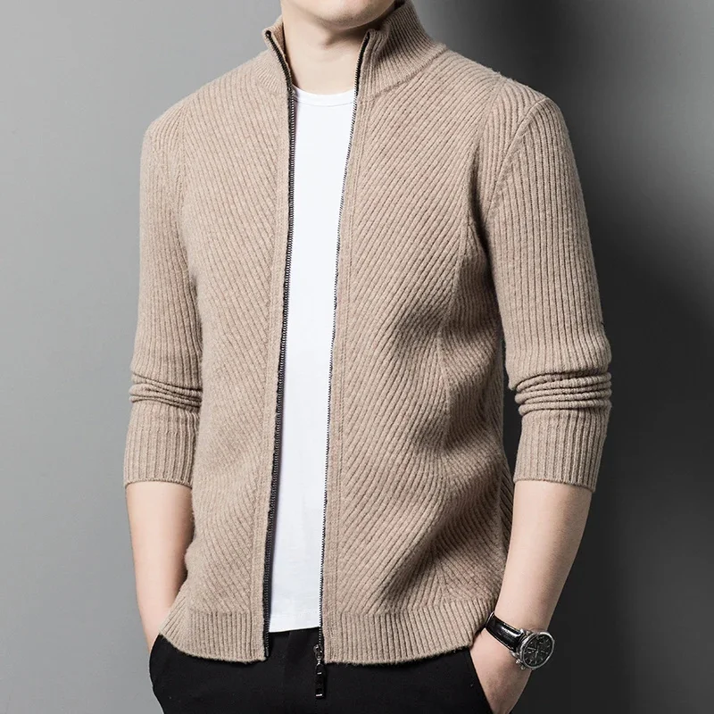 thumbnail image 1 of Cárdigan de punto para hombre, suéter de lana pura para otoño e invierno, cuello alto, informal, grueso, suelto, estilo coreano, abrigo de temperamento para hombre, 1 of 4