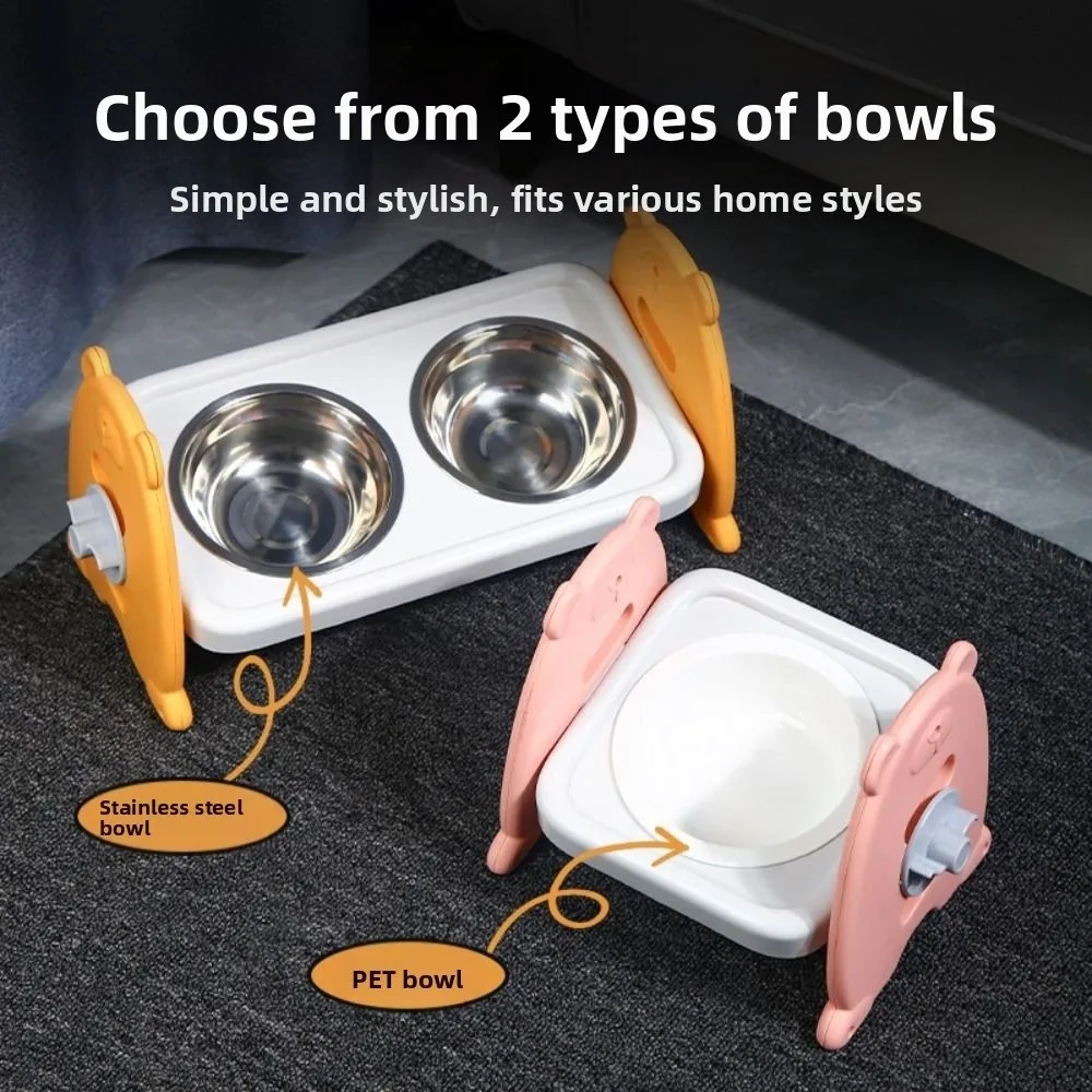 Double Bowls Pet High Footed Bowl 15 ° Slant Adjustable Height Cat Food Water Bowl Non-Slip Protect Cervical Spine