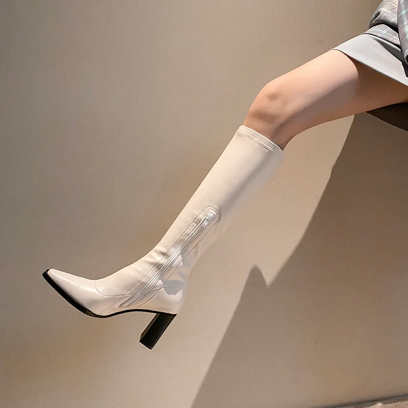 

Boots Women 2022 New Winter Knee-High Square Heel High Heels PU Leather Pointed Toe Botas Femininas Women's Boots Free Shipping
