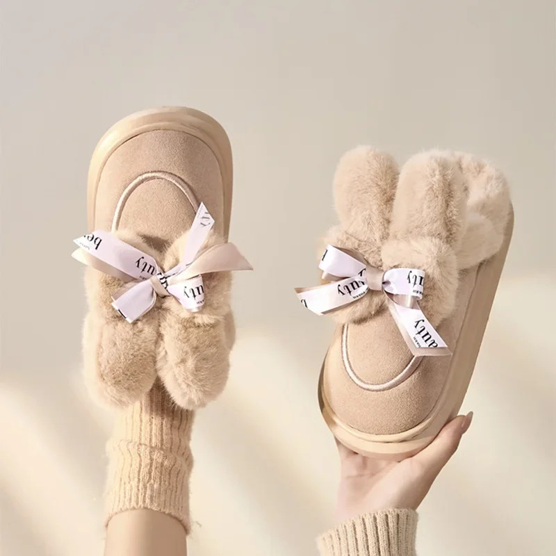 Winter Indoor Women Slippers Warm Faux Fur Girl Home Cotton Shoes Cute Bow Knot Rabbit Plush Bedroom Thick Heels Ladies Slides