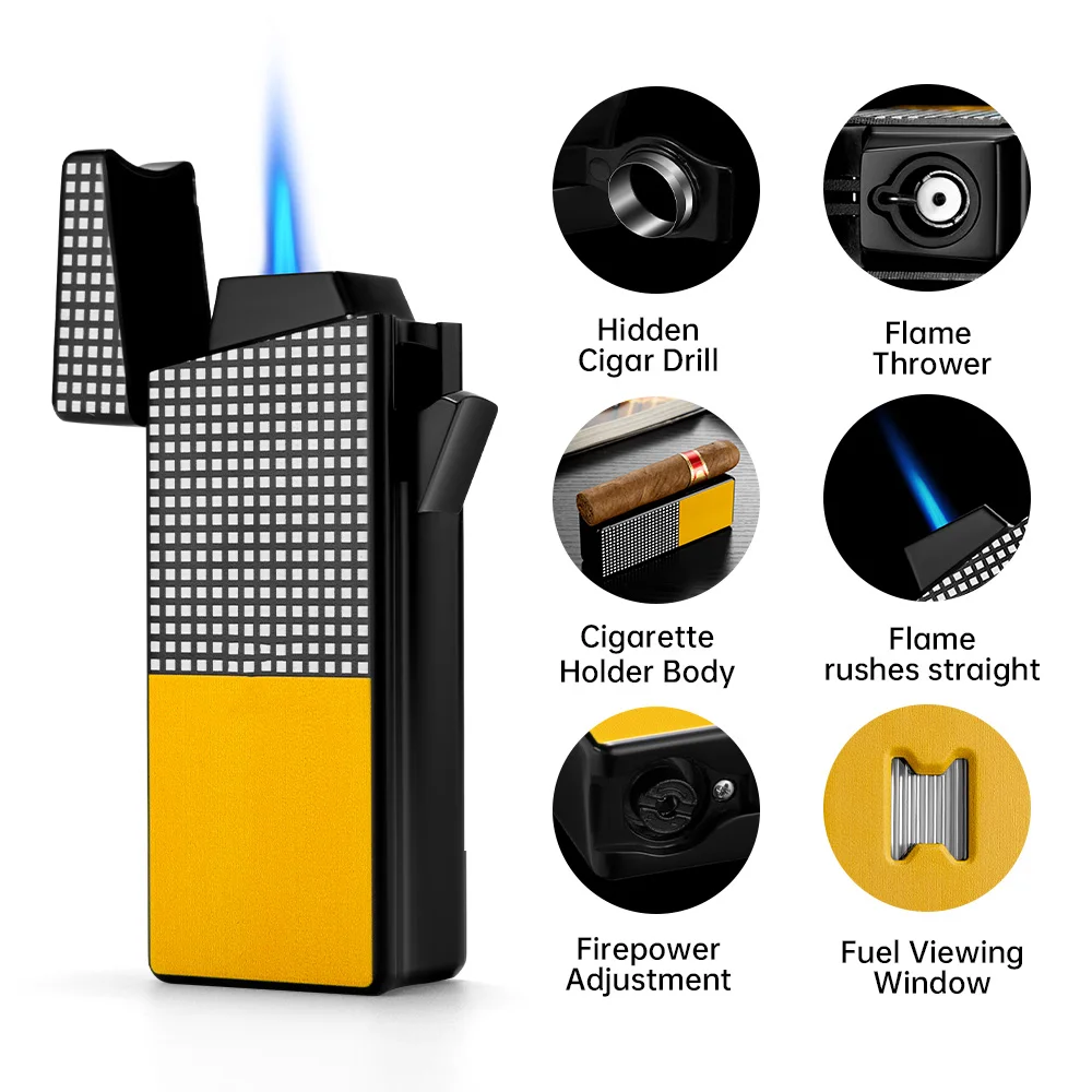Lighter 3 IN 1 Multi-function Cigar Drill Holder Metal Inflatable Windproof Fire Adjustment Smoking Accessory Gift CB-24K1