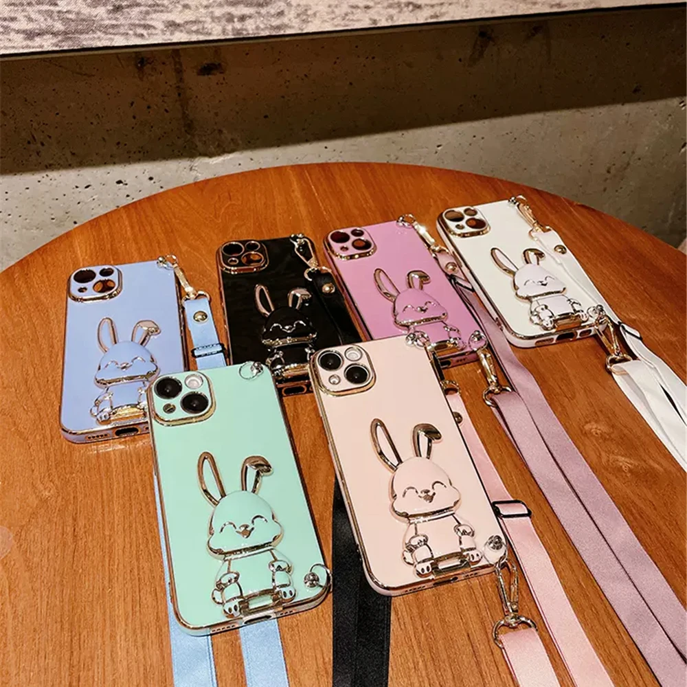 Cute Rabbit Design Crossbody Lanyard Phone Holder Case with Shockproof Stand and Plating Cover