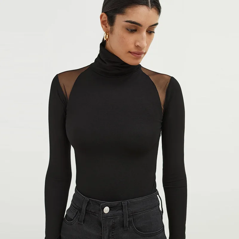 2025 Autumn New Women's Clothing Semi-turtleneck Hollow Slim-fitting Long-sleeved T-shirt Solid Color Elegant Bottoming Blouse